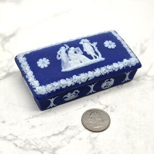 Vintage Wedgwood Blue Jasperware Trinket Box Classical White Relief Neoclassical